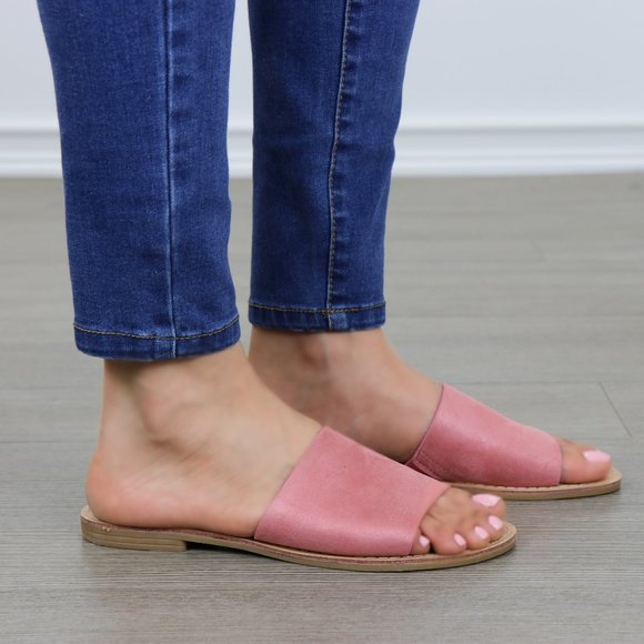 Suede Slip on Slider Pink Flat Sandals - Picture 6 of 15